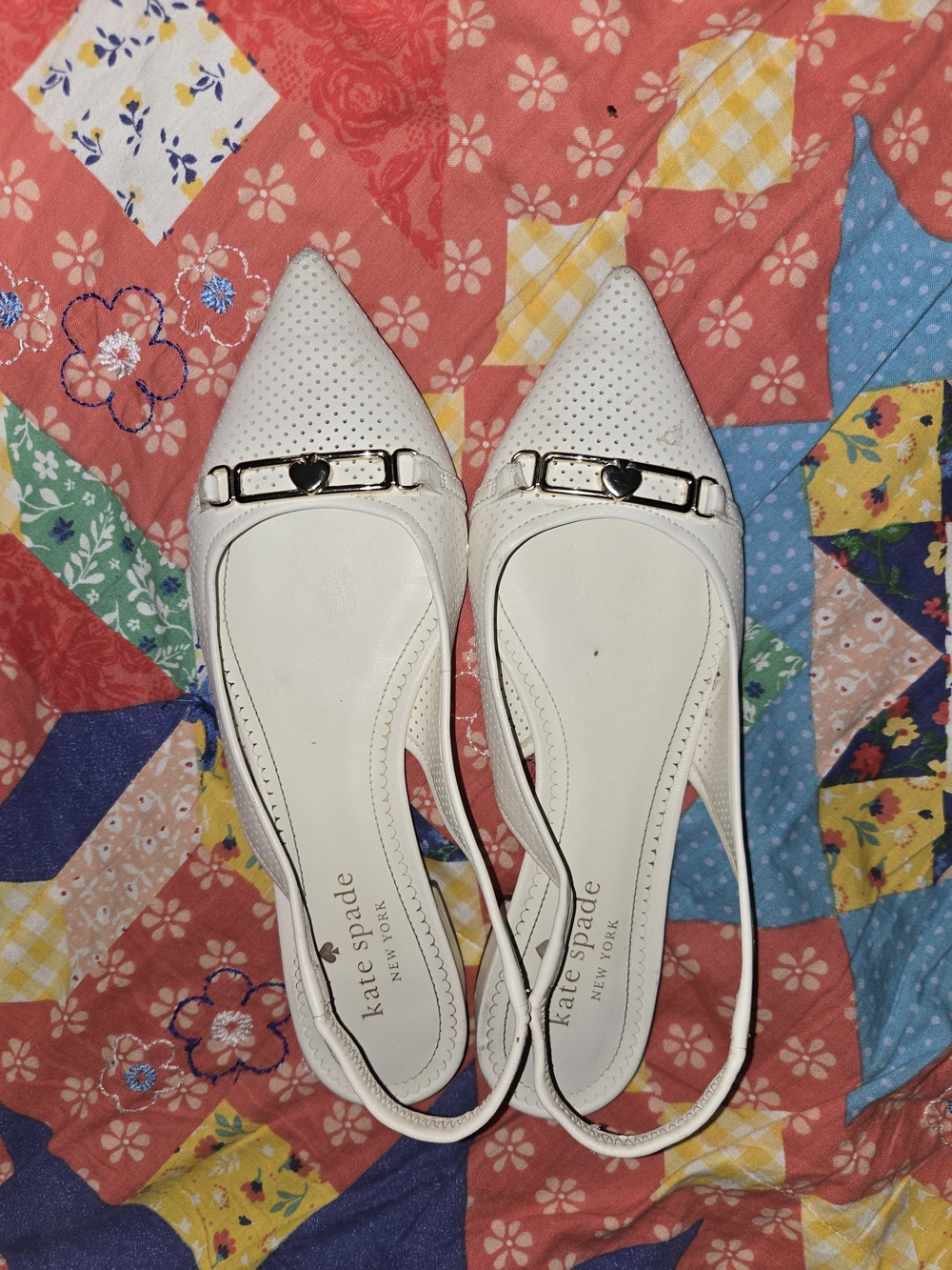 kate spade White Perforated Pointed Slingback Flats with Heart Accent